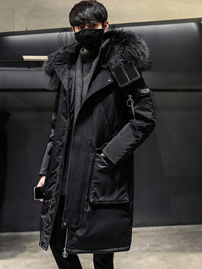 Autumn and Winter New Mid-Length down Jacket for Men Winter Large Fur Collar Workwear over the Knee plus Velvet Thickened Warm Cold-Proof Coat