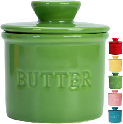 Butter Crock with Lid with Water Line, Ceramic French Butter Dish to Leave on Counter, Green