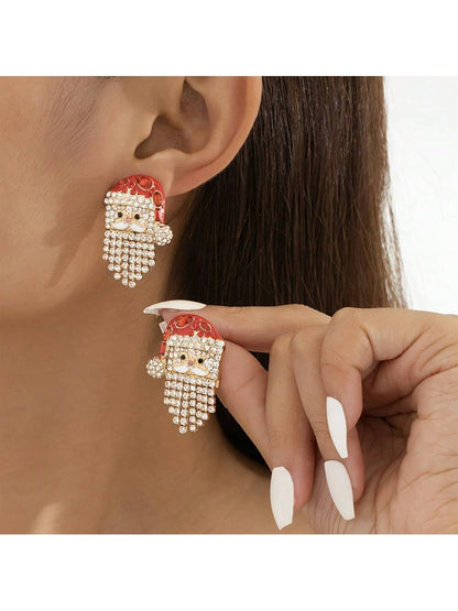 1 Pair of Santa Claus Earrings - Sparkling Water Diamond Cartoon Santa Claus with Red Gold Accents, a Festive Party Ladies' Jewelry Gift, Suitable for All Year Round, Christmas Tree Earrings, Seasonal Accessories, Exquisite Craftsmanship