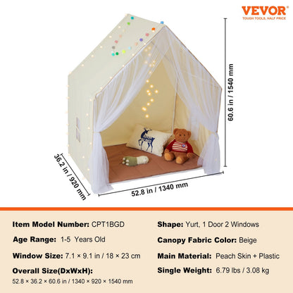 VEVOR Kids Play Tent, Kids Tent for Kids 1-5 Years Old, Toddler Tent with Mat and Tent Lamp, Tent for Kids with Windows for Indoor and Outdoor, Yurt Tent for Boys and Girls, Beige