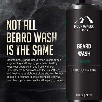 Beard Wash for Men | 100% Natural Beard Shampoo | Thick Cleaning Softening Lather for Hair and Skin | Hydrate and Detangle | Grooming Treatment | WV Timber Scent 8Oz