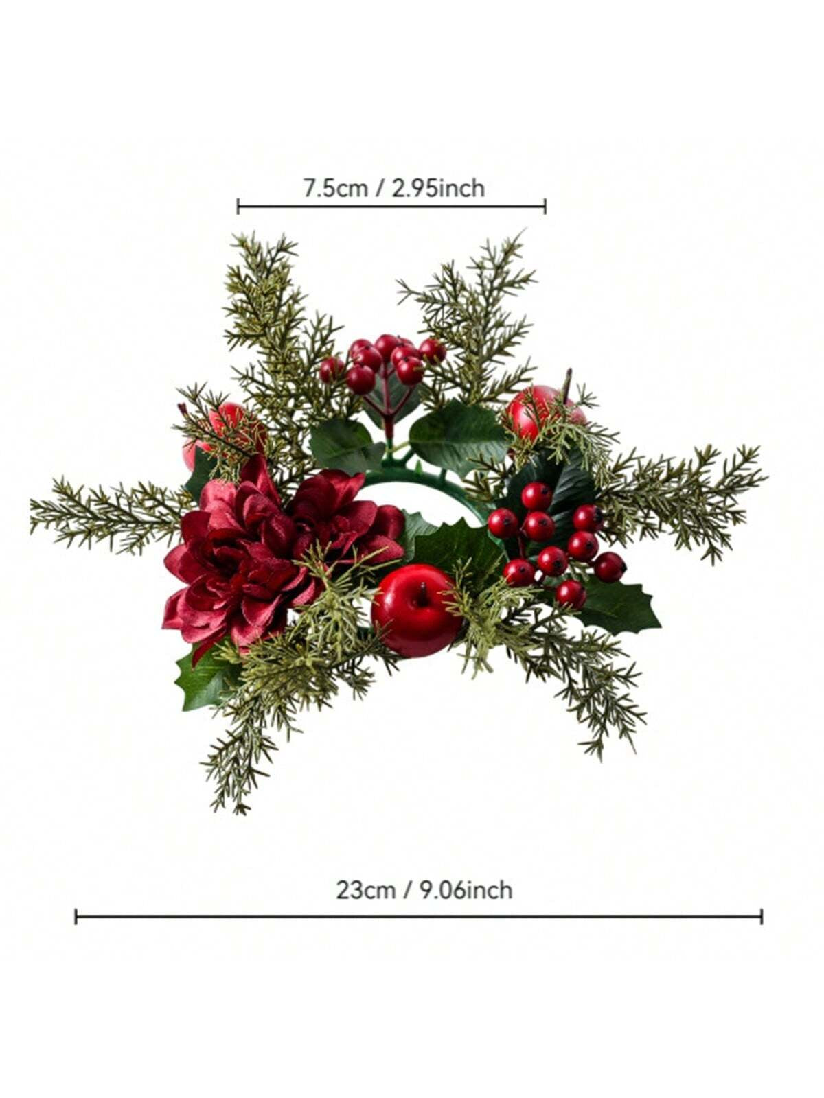 Christmas Candle Rings Artificial Pine Red Berry Flower Candle Wreath Holiday Candle Holder for Table Home Holiday Decor