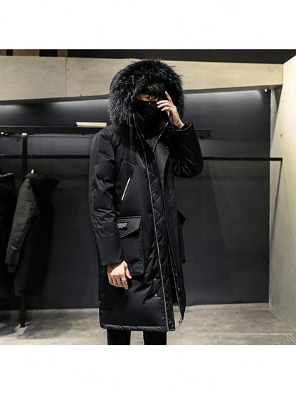 Autumn and Winter New Mid-Length down Jacket for Men Winter Large Fur Collar Workwear over the Knee plus Velvet Thickened Warm Cold-Proof Coat