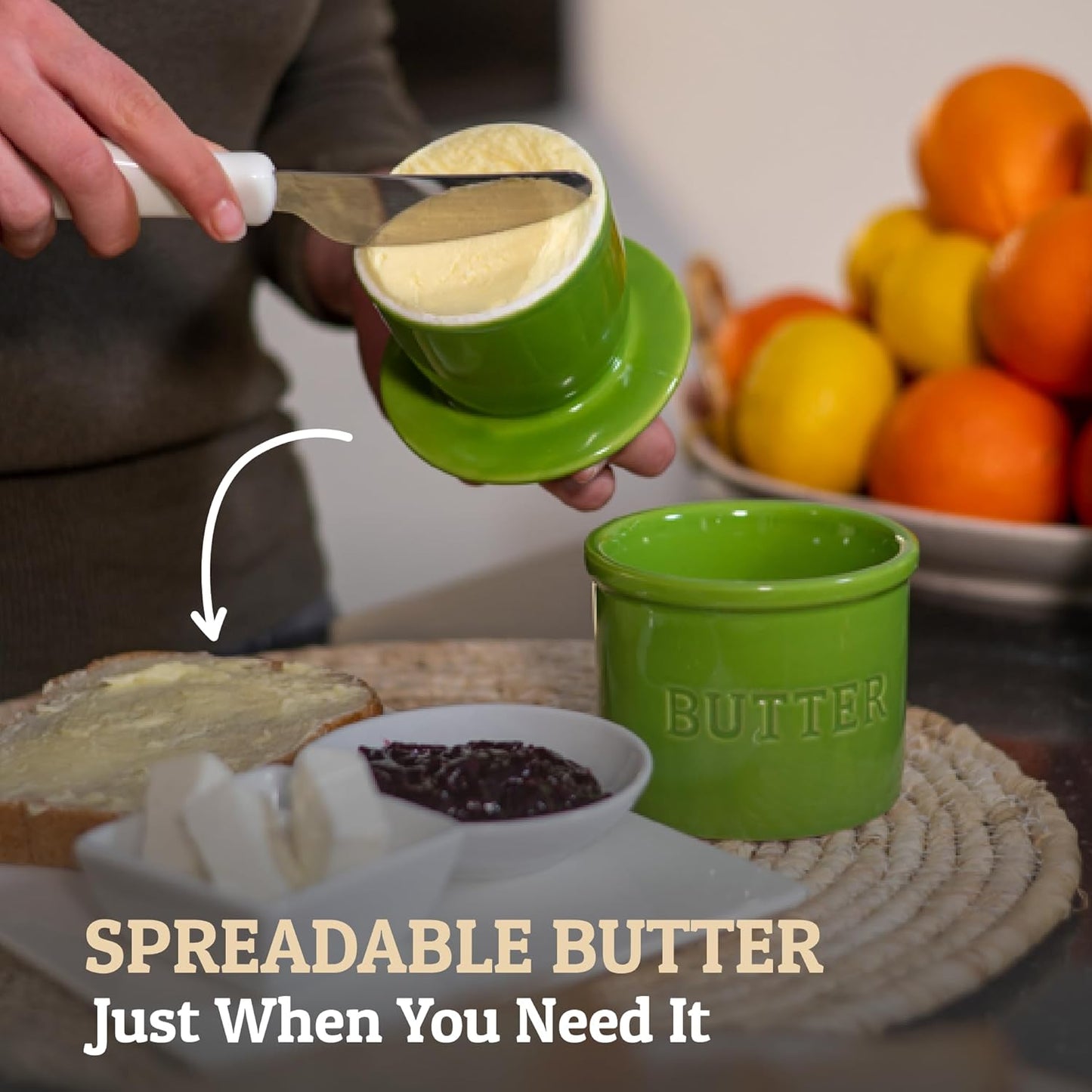 Butter Crock with Lid with Water Line, Ceramic French Butter Dish to Leave on Counter, Green