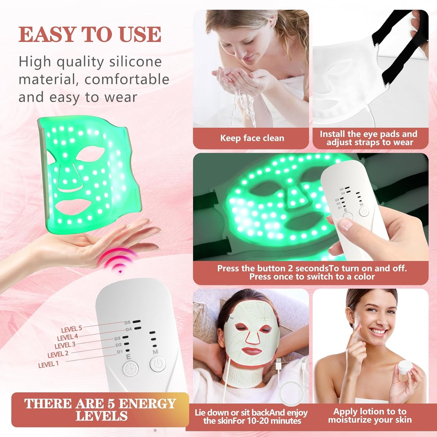 Led Face Mask Light Therapy,Red Light Therapy for Face and Neck,7 Colors LED Facial Skin Care Mask,5 Level Brightness Adjustment,309 LED Beads Can Be Used at Home,White Green