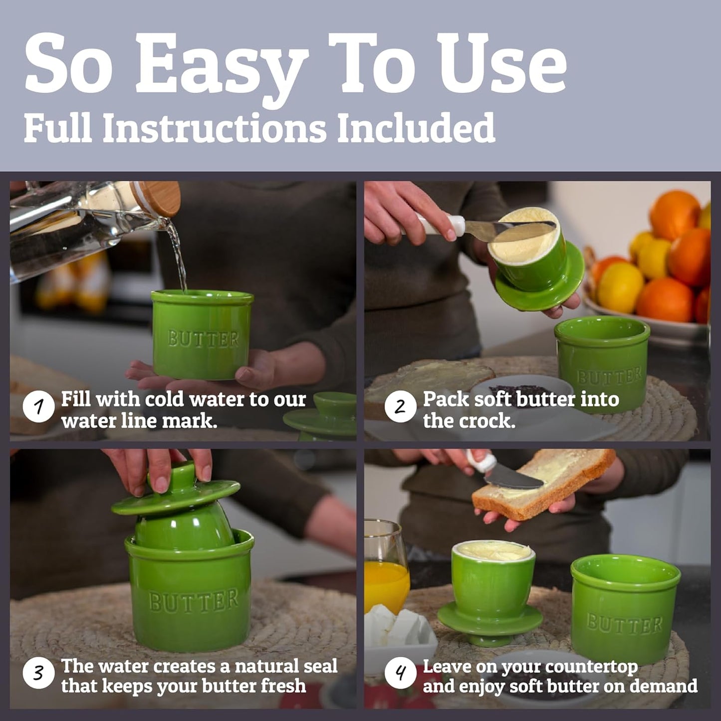 Butter Crock with Lid with Water Line, Ceramic French Butter Dish to Leave on Counter, Green