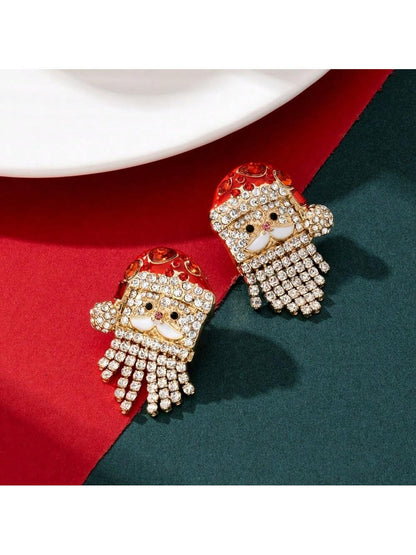 1 Pair of Santa Claus Earrings - Sparkling Water Diamond Cartoon Santa Claus with Red Gold Accents, a Festive Party Ladies' Jewelry Gift, Suitable for All Year Round, Christmas Tree Earrings, Seasonal Accessories, Exquisite Craftsmanship