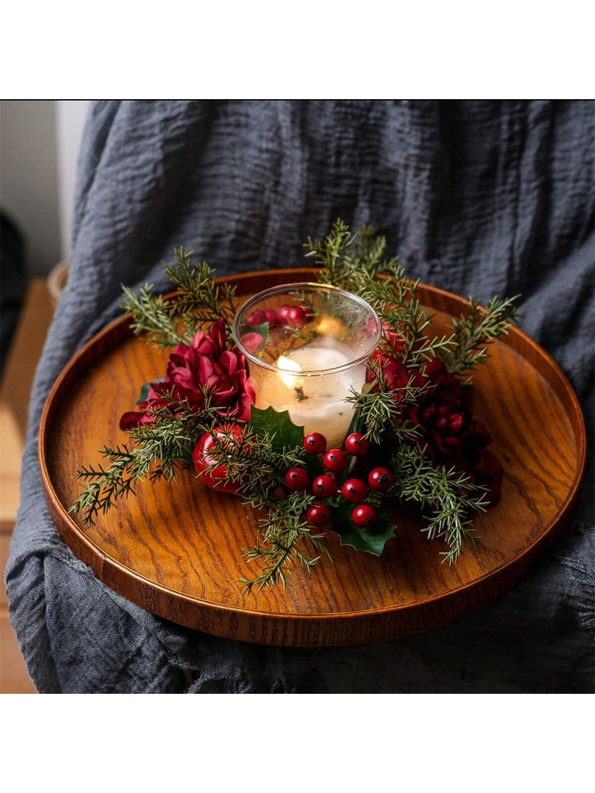 Christmas Candle Rings Artificial Pine Red Berry Flower Candle Wreath Holiday Candle Holder for Table Home Holiday Decor