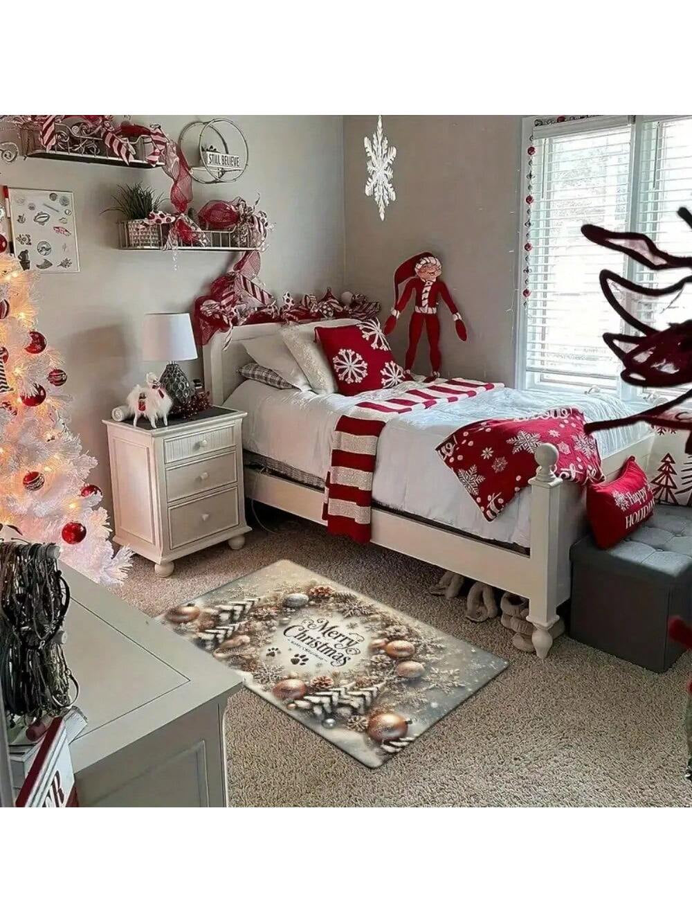 1Pc Merry Christmas Flannel 2D Pattern Printing Doormat, Washable, Non-Slip Rectangular Mat with Cedar Tree and Ornament Design, Suitable for Entryway, Kitchen, Living Room, Bedroom, Bathroom - Holiday Home Decor, Christmas Decoration