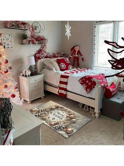 1Pc Merry Christmas Flannel 2D Pattern Printing Doormat, Washable, Non-Slip Rectangular Mat with Cedar Tree and Ornament Design, Suitable for Entryway, Kitchen, Living Room, Bedroom, Bathroom - Holiday Home Decor, Christmas Decoration