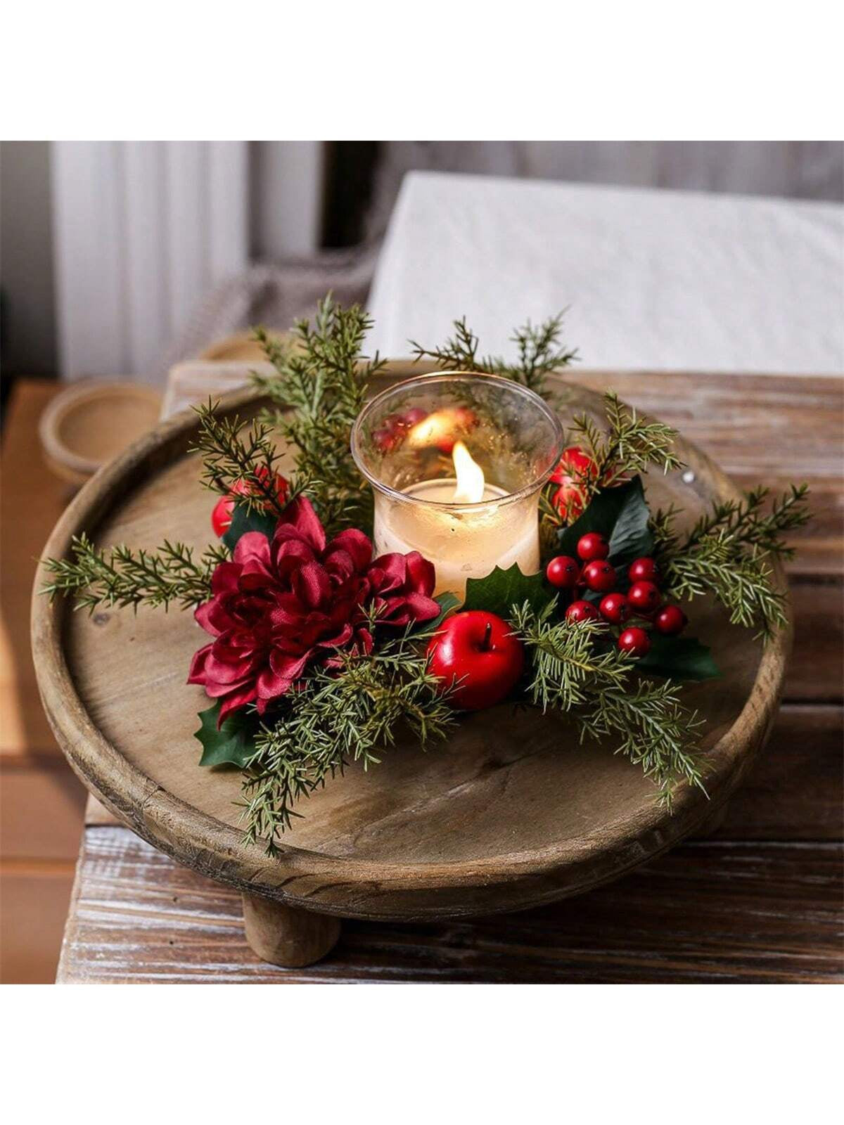 Christmas Candle Rings Artificial Pine Red Berry Flower Candle Wreath Holiday Candle Holder for Table Home Holiday Decor
