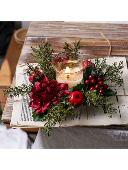 Christmas Candle Rings Artificial Pine Red Berry Flower Candle Wreath Holiday Candle Holder for Table Home Holiday Decor