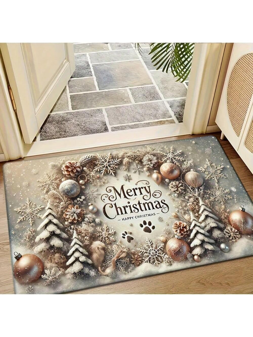 1Pc Merry Christmas Flannel 2D Pattern Printing Doormat, Washable, Non-Slip Rectangular Mat with Cedar Tree and Ornament Design, Suitable for Entryway, Kitchen, Living Room, Bedroom, Bathroom - Holiday Home Decor, Christmas Decoration