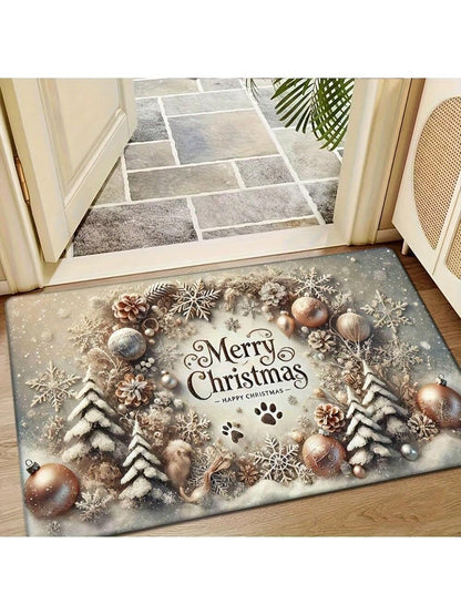 1Pc Merry Christmas Flannel 2D Pattern Printing Doormat, Washable, Non-Slip Rectangular Mat with Cedar Tree and Ornament Design, Suitable for Entryway, Kitchen, Living Room, Bedroom, Bathroom - Holiday Home Decor, Christmas Decoration