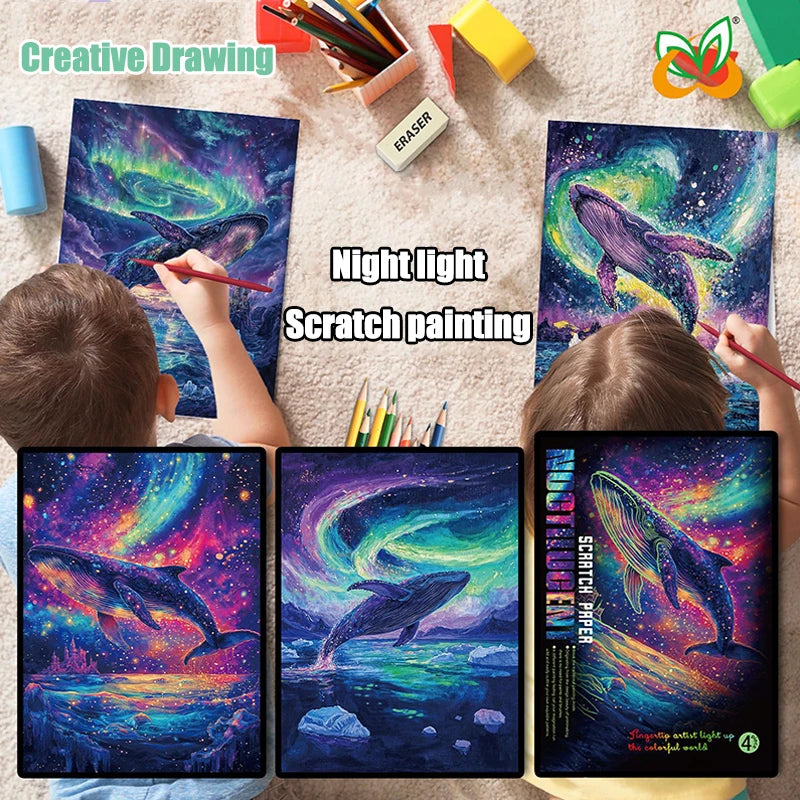 4Pcs/Set DIY Hand Drawn Luminous Painting Glow Scratch Painting Colorful Painting Creative Draw Pictures Educational Toys Gift