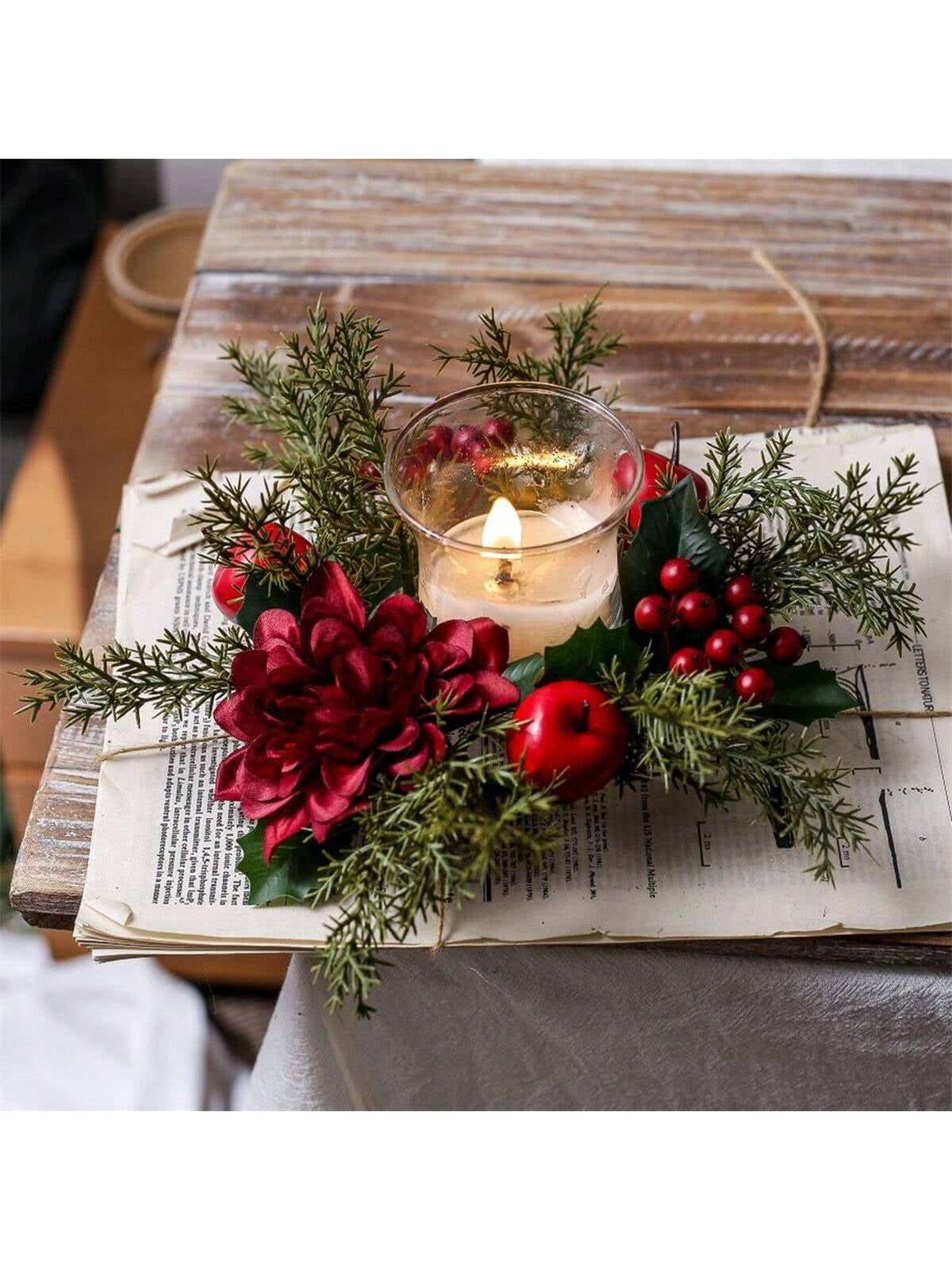 Christmas Candle Rings Artificial Pine Red Berry Flower Candle Wreath Holiday Candle Holder for Table Home Holiday Decor