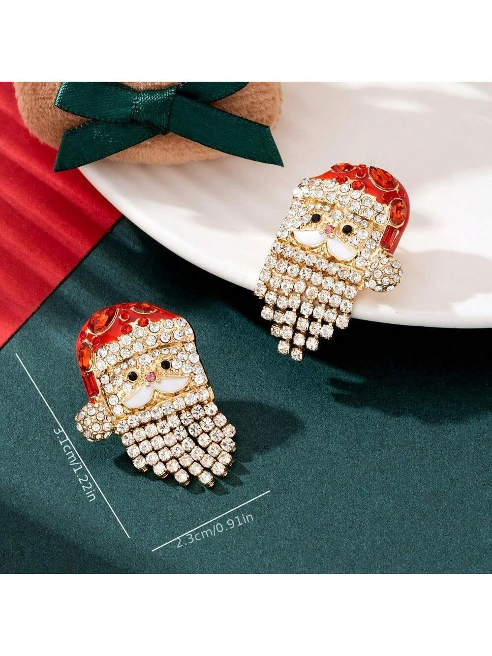 1 Pair of Santa Claus Earrings - Sparkling Water Diamond Cartoon Santa Claus with Red Gold Accents, a Festive Party Ladies' Jewelry Gift, Suitable for All Year Round, Christmas Tree Earrings, Seasonal Accessories, Exquisite Craftsmanship