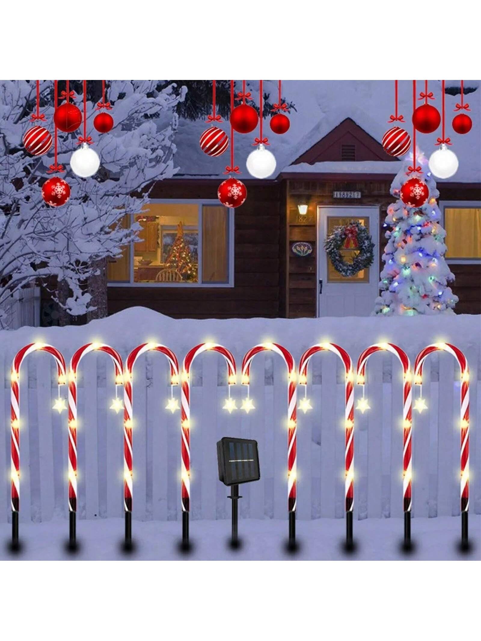 12Pcs Christmas Outdoor LED Solar Lights Cane Red Candy Path Garden up Decoration Solar Garden Lights Christmas Candy Cane Outdoor Pathway Patio Light Decor, Halloween, Halloween Decoration