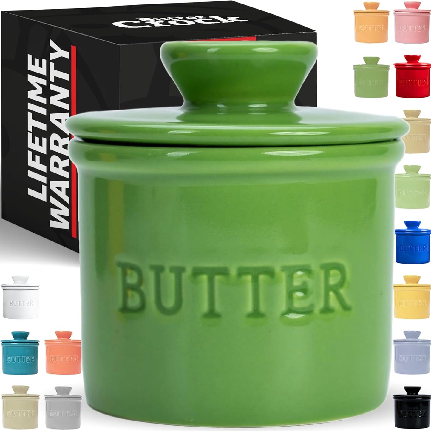 Butter Crock with Lid with Water Line, Ceramic French Butter Dish to Leave on Counter, Green