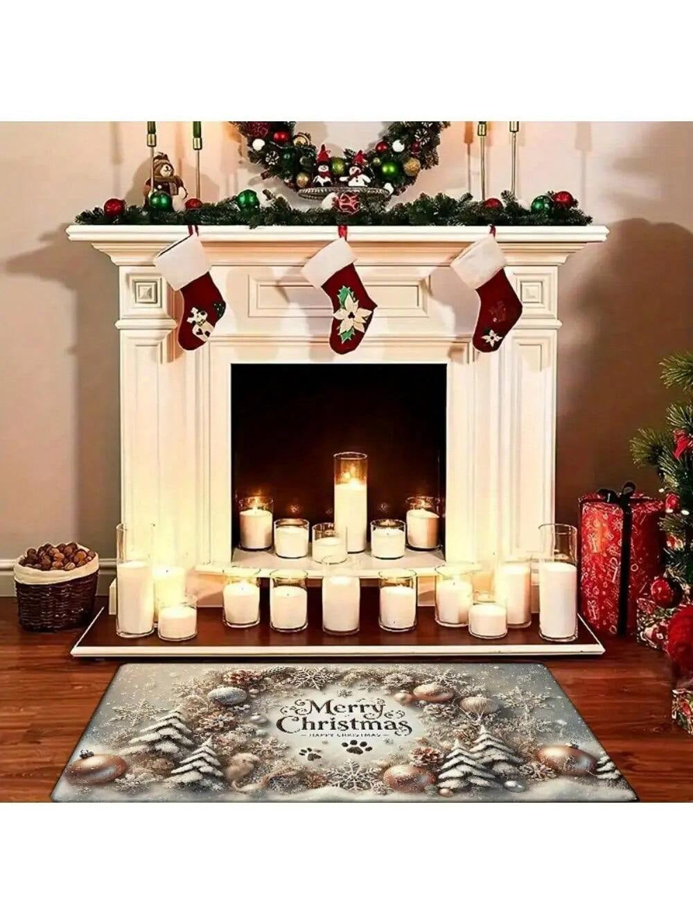 1Pc Merry Christmas Flannel 2D Pattern Printing Doormat, Washable, Non-Slip Rectangular Mat with Cedar Tree and Ornament Design, Suitable for Entryway, Kitchen, Living Room, Bedroom, Bathroom - Holiday Home Decor, Christmas Decoration