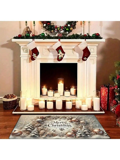 1Pc Merry Christmas Flannel 2D Pattern Printing Doormat, Washable, Non-Slip Rectangular Mat with Cedar Tree and Ornament Design, Suitable for Entryway, Kitchen, Living Room, Bedroom, Bathroom - Holiday Home Decor, Christmas Decoration
