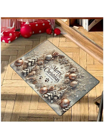 1Pc Merry Christmas Flannel 2D Pattern Printing Doormat, Washable, Non-Slip Rectangular Mat with Cedar Tree and Ornament Design, Suitable for Entryway, Kitchen, Living Room, Bedroom, Bathroom - Holiday Home Decor, Christmas Decoration