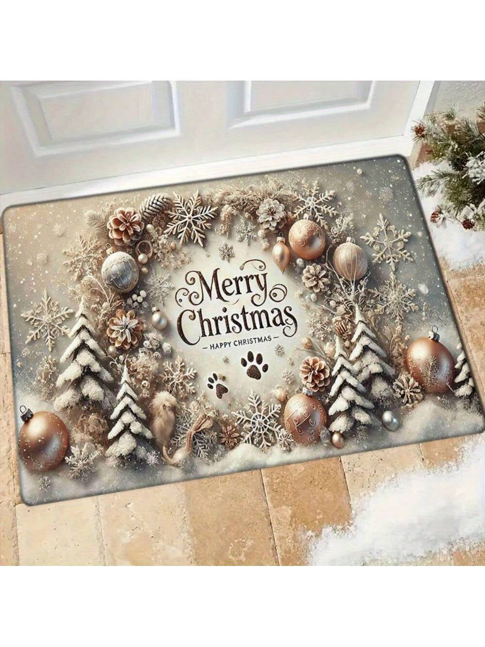 1Pc Merry Christmas Flannel 2D Pattern Printing Doormat, Washable, Non-Slip Rectangular Mat with Cedar Tree and Ornament Design, Suitable for Entryway, Kitchen, Living Room, Bedroom, Bathroom - Holiday Home Decor, Christmas Decoration
