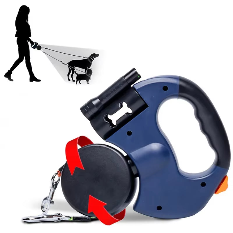 3In1 Double Head Automatic Retractable Dog Leash Flashlight Poop Bag Dispenser Reflective Pet Cat Extendable Puppy Traction Rope
