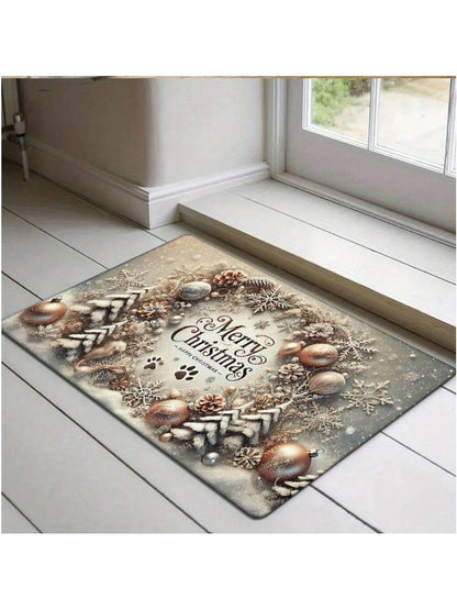 1Pc Merry Christmas Flannel 2D Pattern Printing Doormat, Washable, Non-Slip Rectangular Mat with Cedar Tree and Ornament Design, Suitable for Entryway, Kitchen, Living Room, Bedroom, Bathroom - Holiday Home Decor, Christmas Decoration