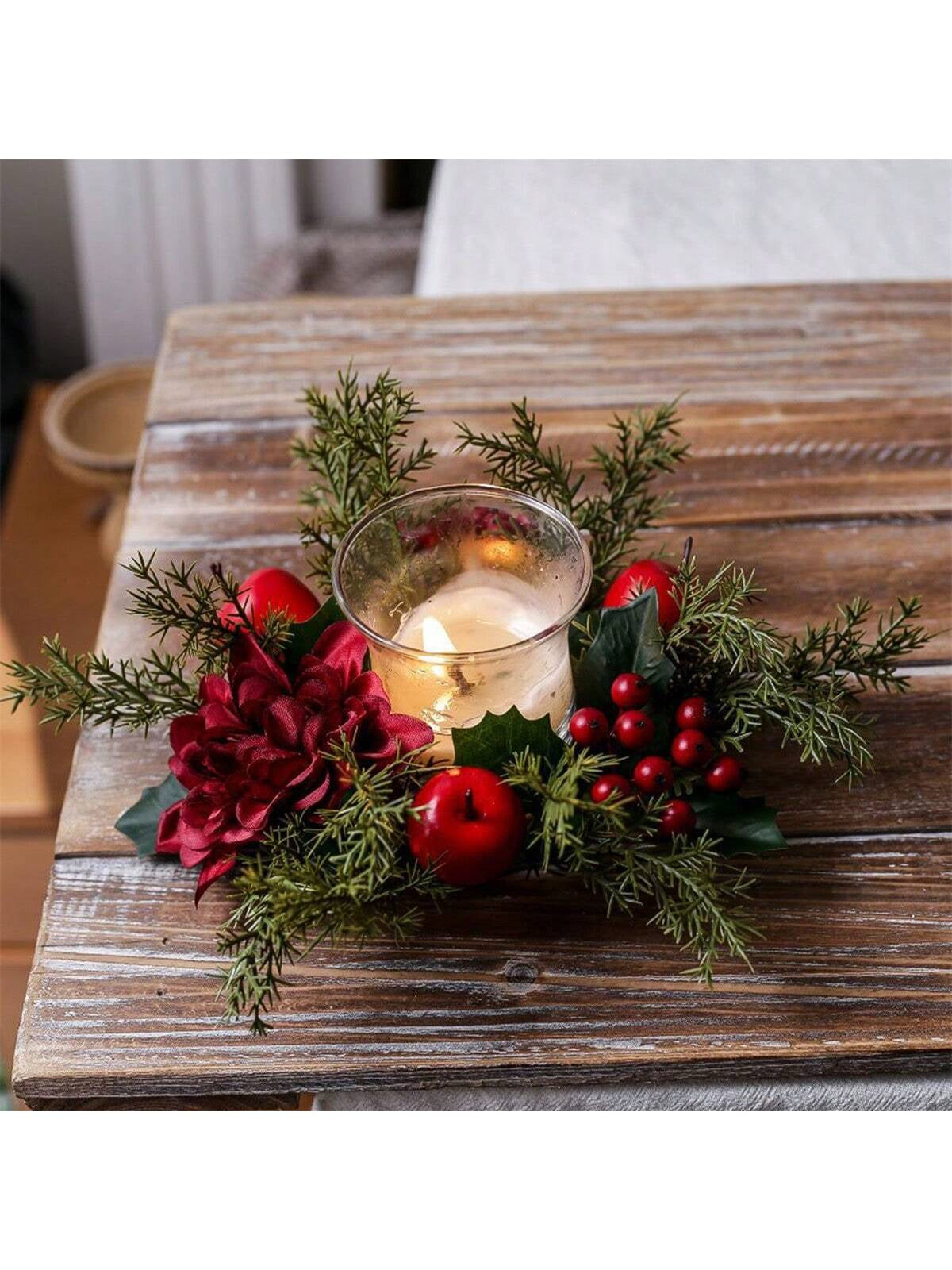 Christmas Candle Rings Artificial Pine Red Berry Flower Candle Wreath Holiday Candle Holder for Table Home Holiday Decor