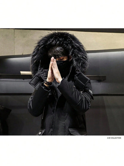 Autumn and Winter New Mid-Length down Jacket for Men Winter Large Fur Collar Workwear over the Knee plus Velvet Thickened Warm Cold-Proof Coat