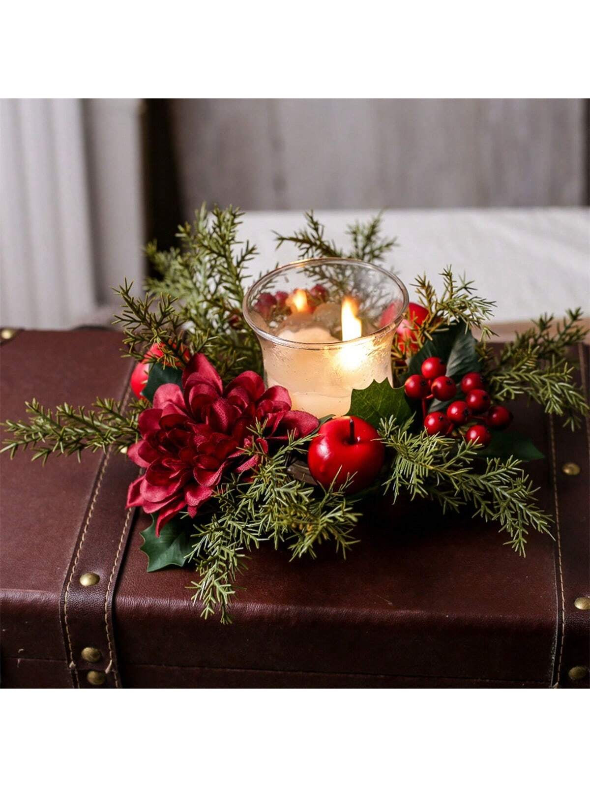 Christmas Candle Rings Artificial Pine Red Berry Flower Candle Wreath Holiday Candle Holder for Table Home Holiday Decor