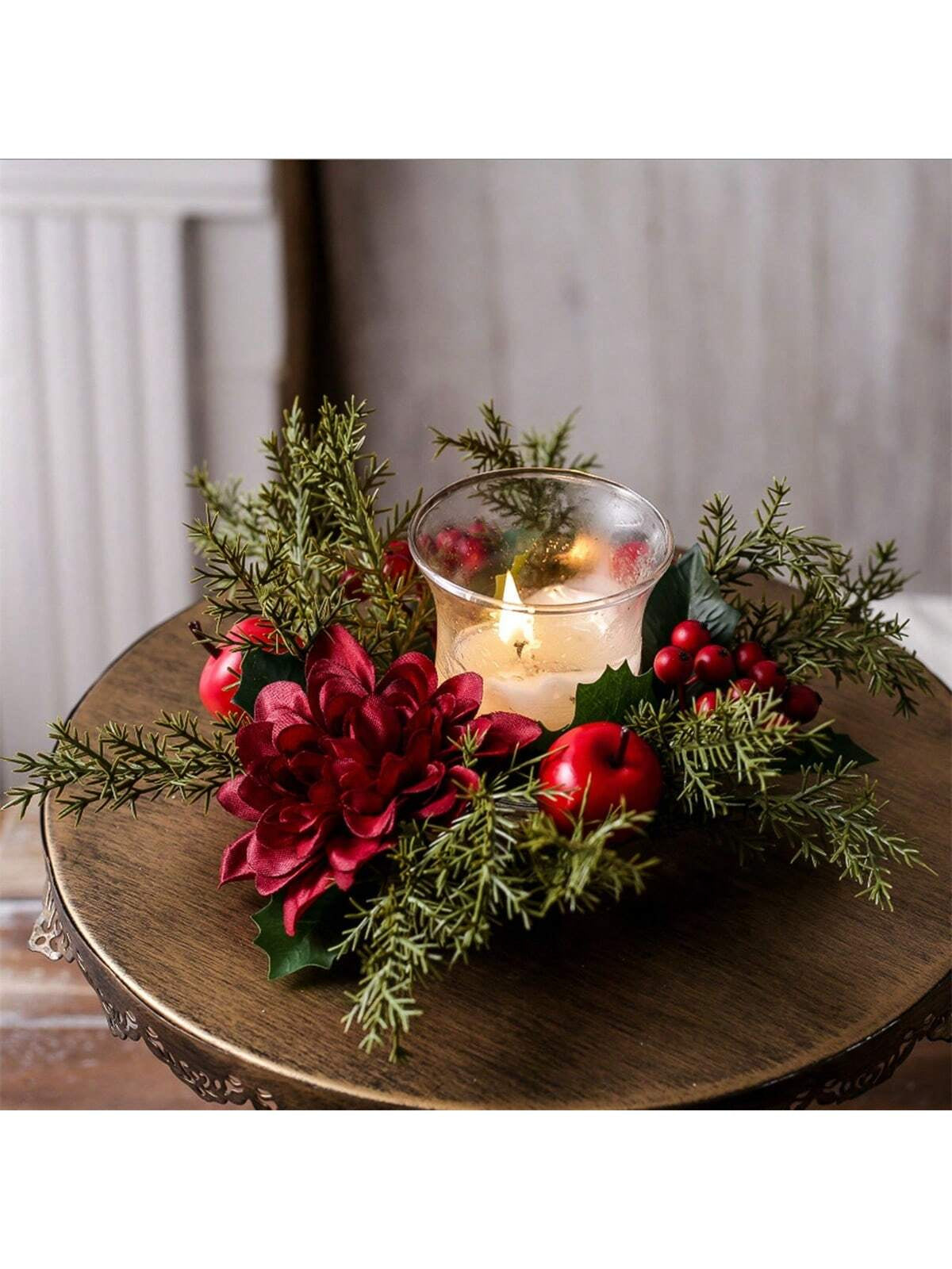 Christmas Candle Rings Artificial Pine Red Berry Flower Candle Wreath Holiday Candle Holder for Table Home Holiday Decor