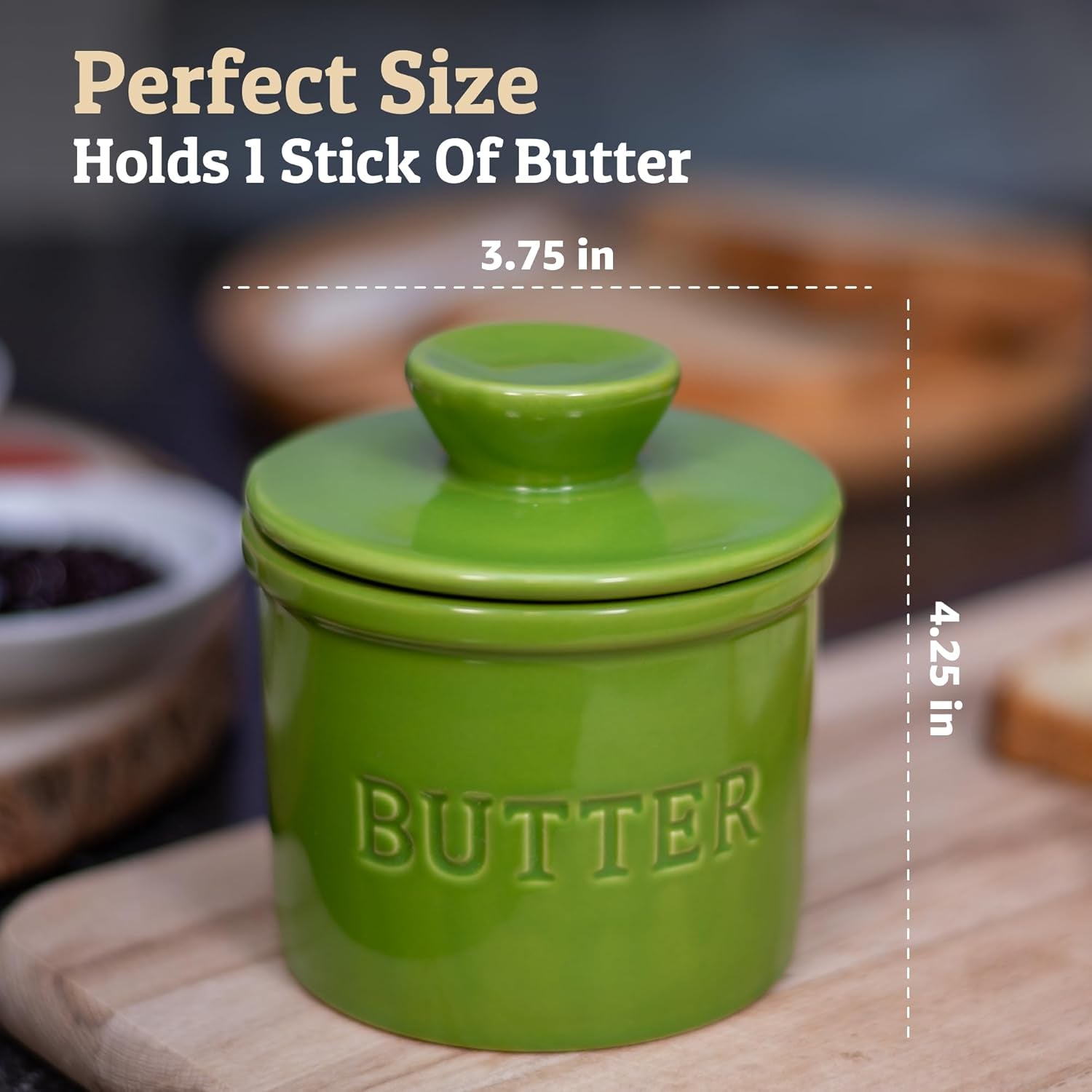 Butter Crock with Lid with Water Line, Ceramic French Butter Dish to Leave on Counter, Green