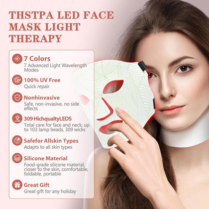 Led Face Mask Light Therapy,Red Light Therapy for Face and Neck,7 Colors LED Facial Skin Care Mask,5 Level Brightness Adjustment,309 LED Beads Can Be Used at Home,White Green