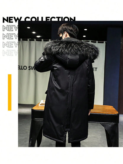 Autumn and Winter New Mid-Length down Jacket for Men Winter Large Fur Collar Workwear over the Knee plus Velvet Thickened Warm Cold-Proof Coat